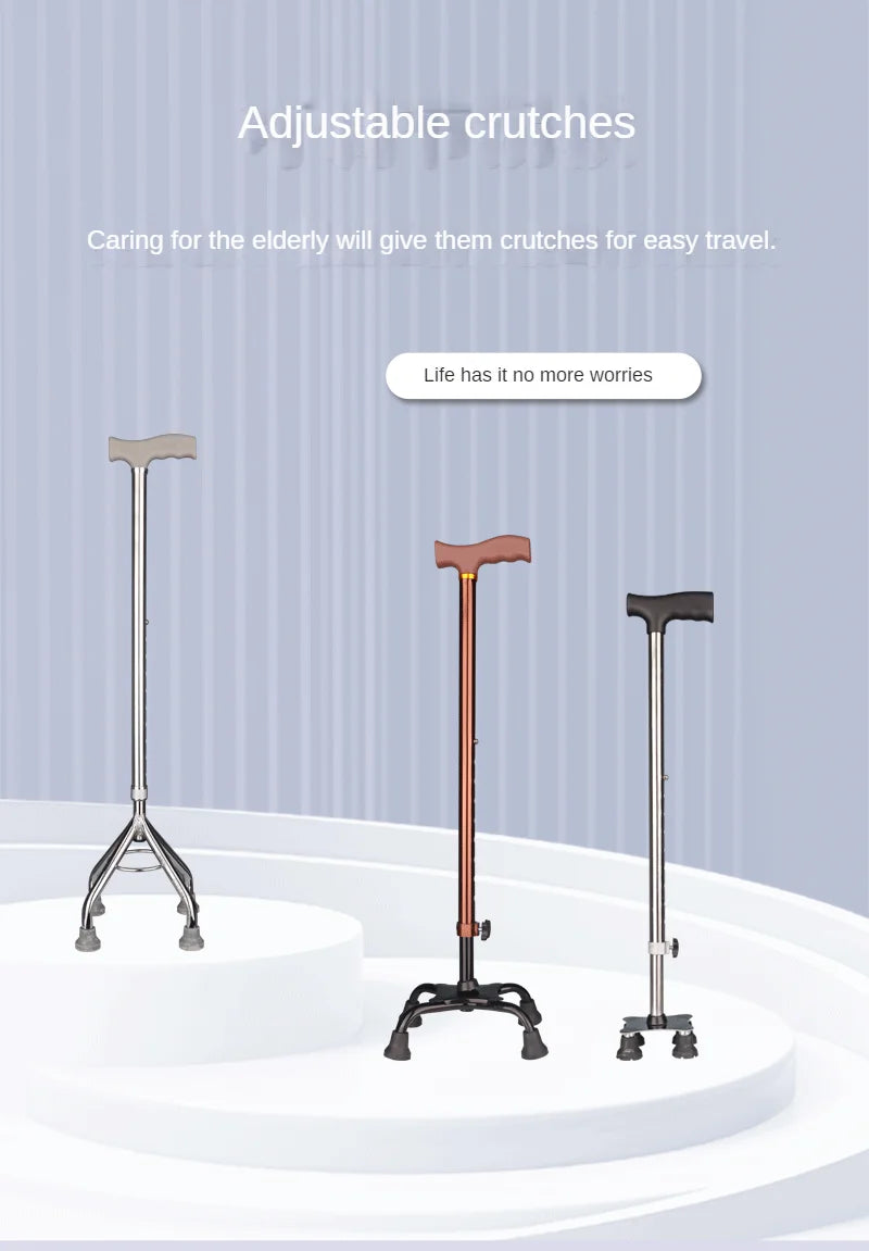Aluminum Alloy Gold Four-legged Crutches with Curved Armrests Elderly Walking Sticks Are Portable and Adjustable
