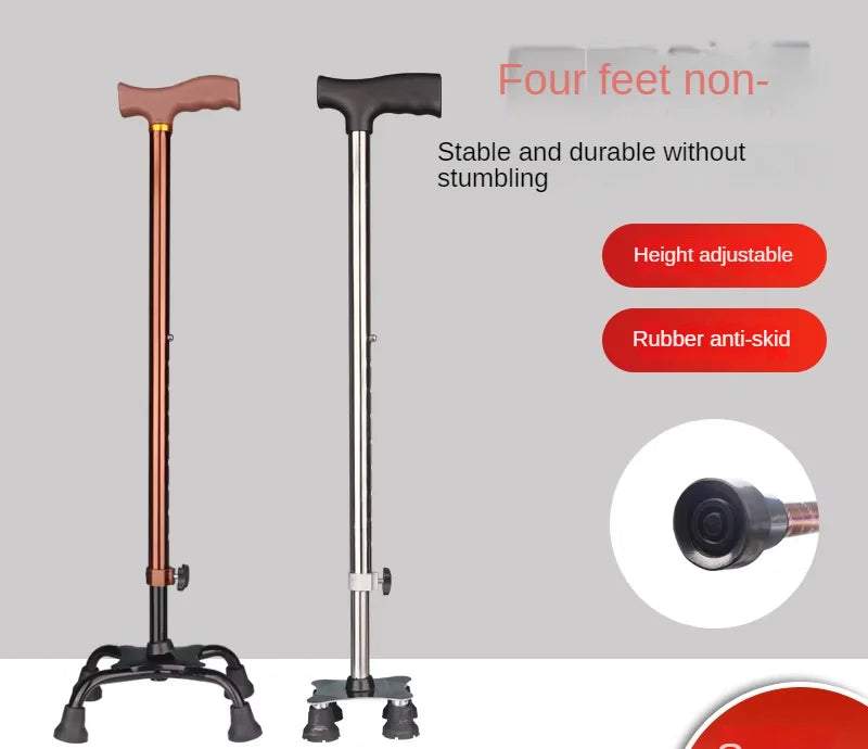 Aluminum Alloy Gold Four-legged Crutches with Curved Armrests Elderly Walking Sticks Are Portable and Adjustable