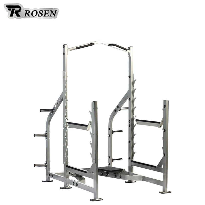 2025 High Quality Gym Equipment Weight Lifting Workout Squat Rack Rosen Fitness Plate Loaded Squat Rack Pull up for Exercise