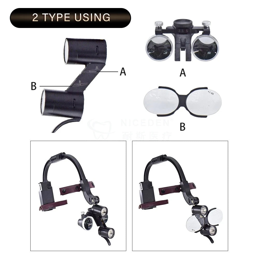 Niceden Dental LED Headlight Binocular Loupes 2.5X/3.5X Headband Ajustable 5W Dentist Surgical Headlamp Dentistry Magnifier