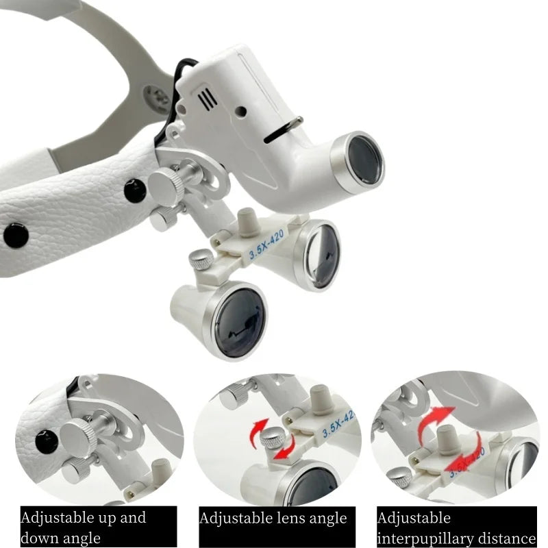 2.5/3.5X 5W Lamp Headband Ajustable Dentist Surgical Headlamp Working Distance 320mm-420mm Dental LED Headlight Binocular Loupes