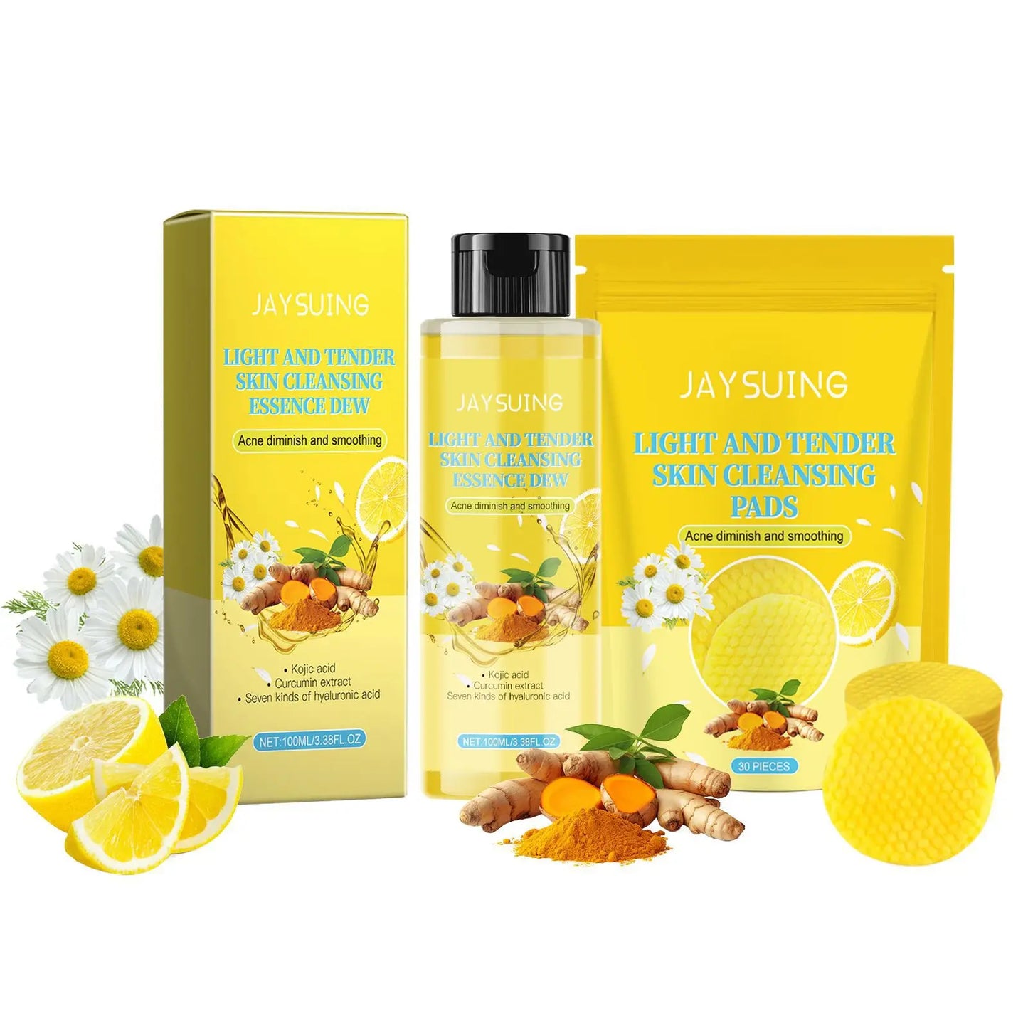 Turmeric Skin Care Set Hyaluronic Acid Serum Oil Control Acn-e Removal Brighten Moisturize Exfoliating Kojic Acid Cleansing Pad