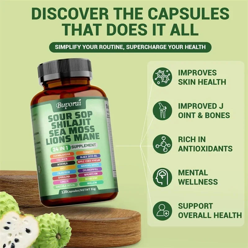 24-In-1 Soursop Capsules - Support Joint and Bone Health, Promote Digestion, Enhance Immunity, and Maintain Overall Health