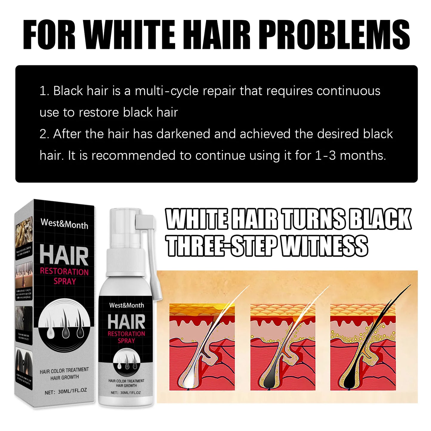 Black Hair Spray Natural Black Hair White Hair Coverage Colour Showing Long Lasting Smooth Strong Hair Botanical Herbal Spray