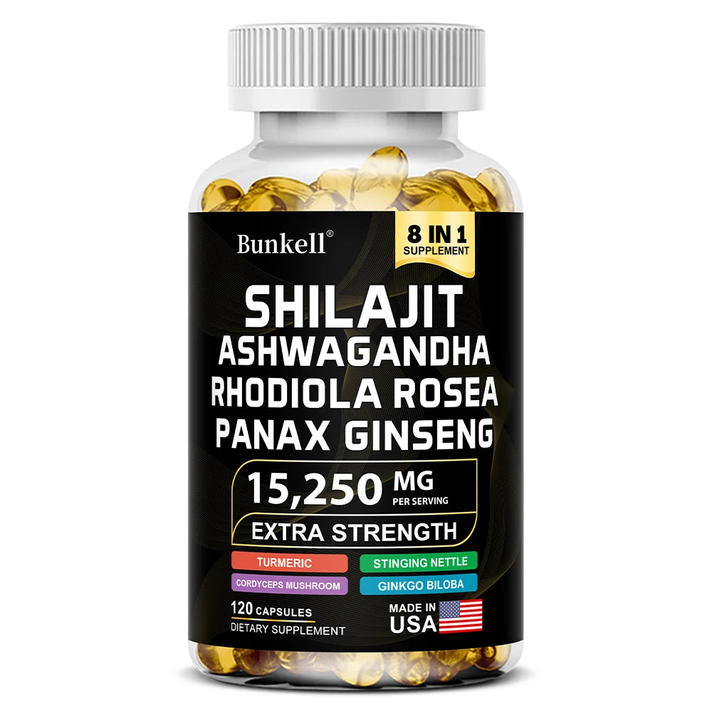 15250mg Shilajit Capsules with Ginseng Ashwagandha Turmeric, Energy Supplement Muscle Mass Endurance