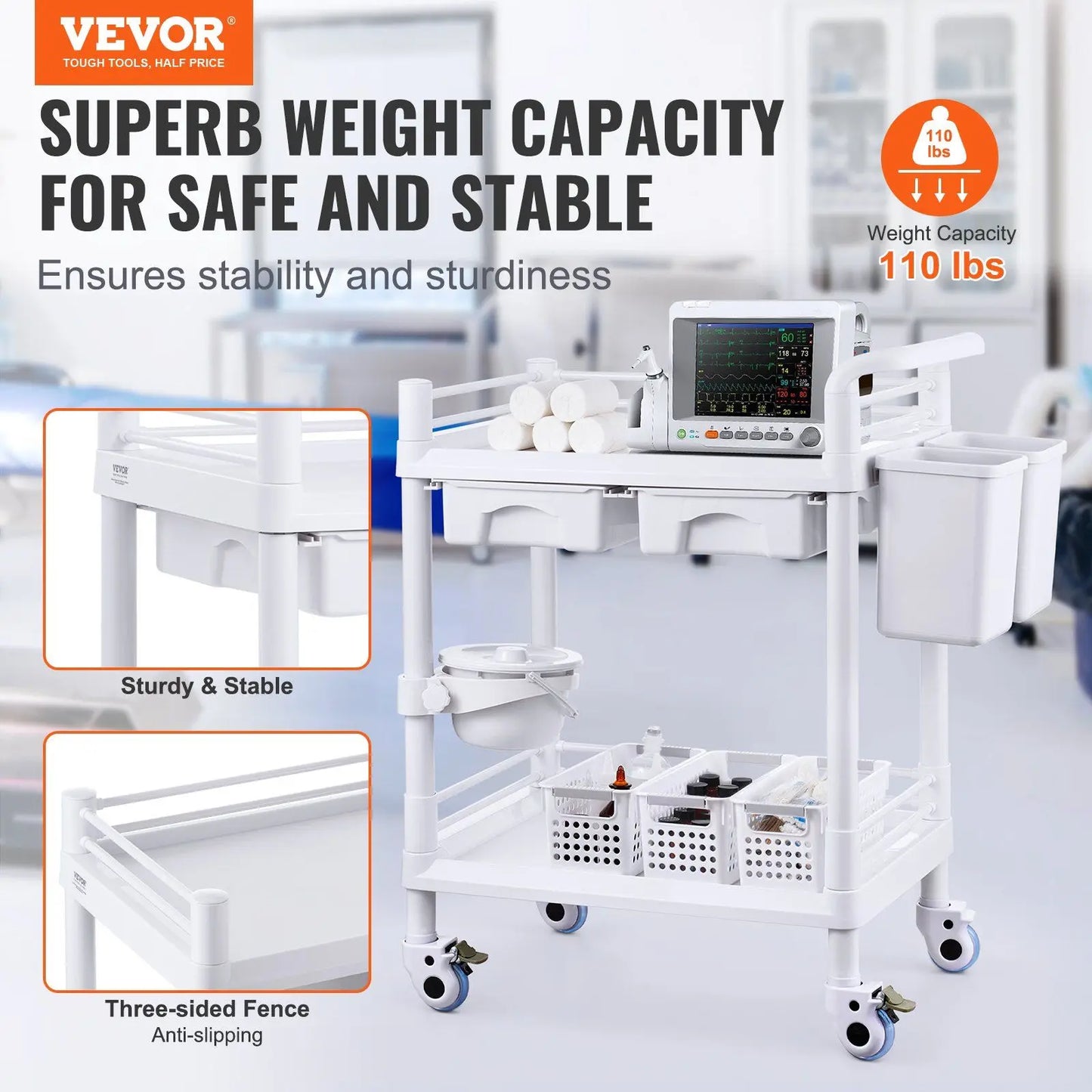 2 Tiers Lab Carts Mobile Medical Cart 2 Trays 2 Drawers 3 Trash Cans White, Trolley Storage Cart with PP Material, Lab Rolling C
