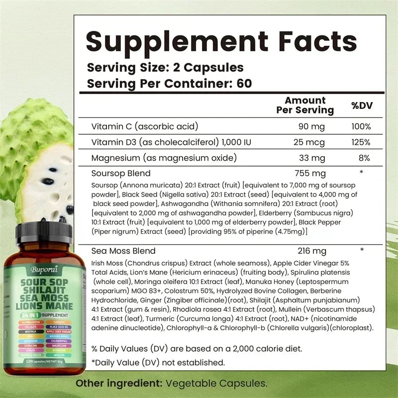 24-In-1 Soursop Capsules - Support Joint and Bone Health, Promote Digestion, Enhance Immunity, and Maintain Overall Health