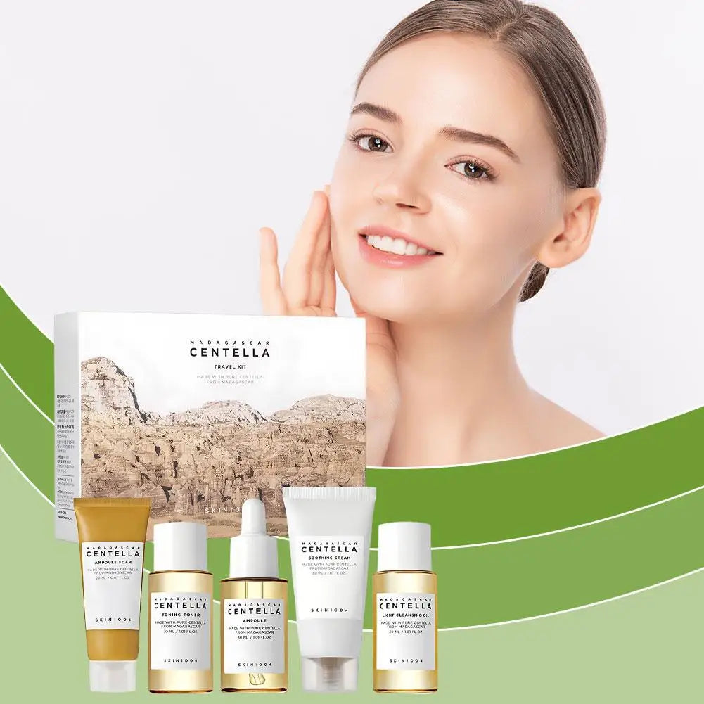 Centella Asiatica Daily Face Day and Night Skin Care Set Cleanser Toner Essence Sunscreen Travel Portable Skin Care Set