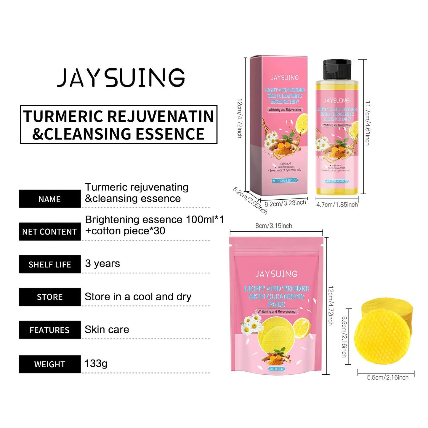 Turmeric Skin Care Set Hyaluronic Acid Serum Oil Control Acn-e Removal Brighten Moisturize Exfoliating Kojic Acid Cleansing Pad