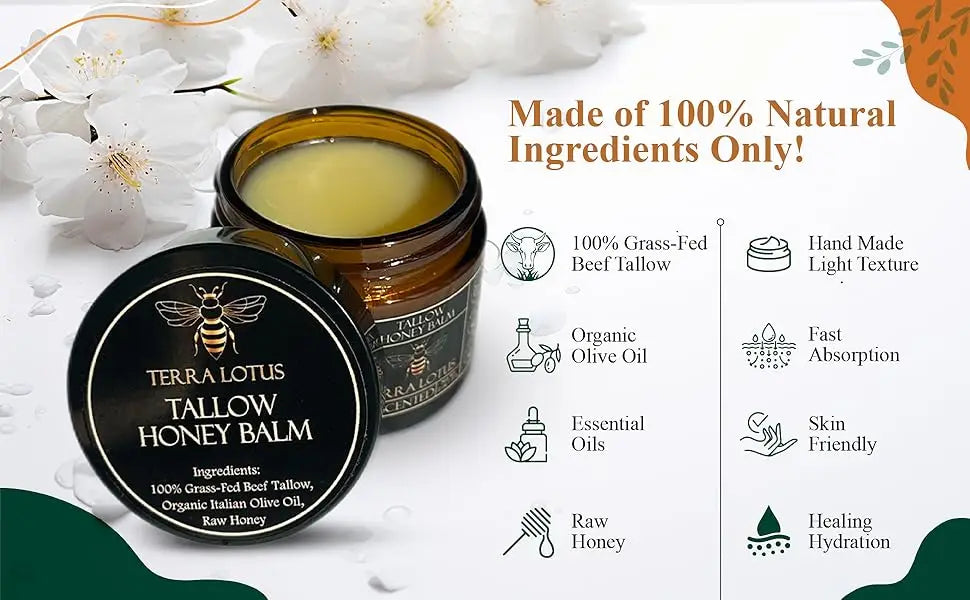 Organic Grass Fed Beef Tallow Balm With Raw Honey Moisturizing Cream For Soft Smooth Skin Handmade All-Natural Moisturizer Skin