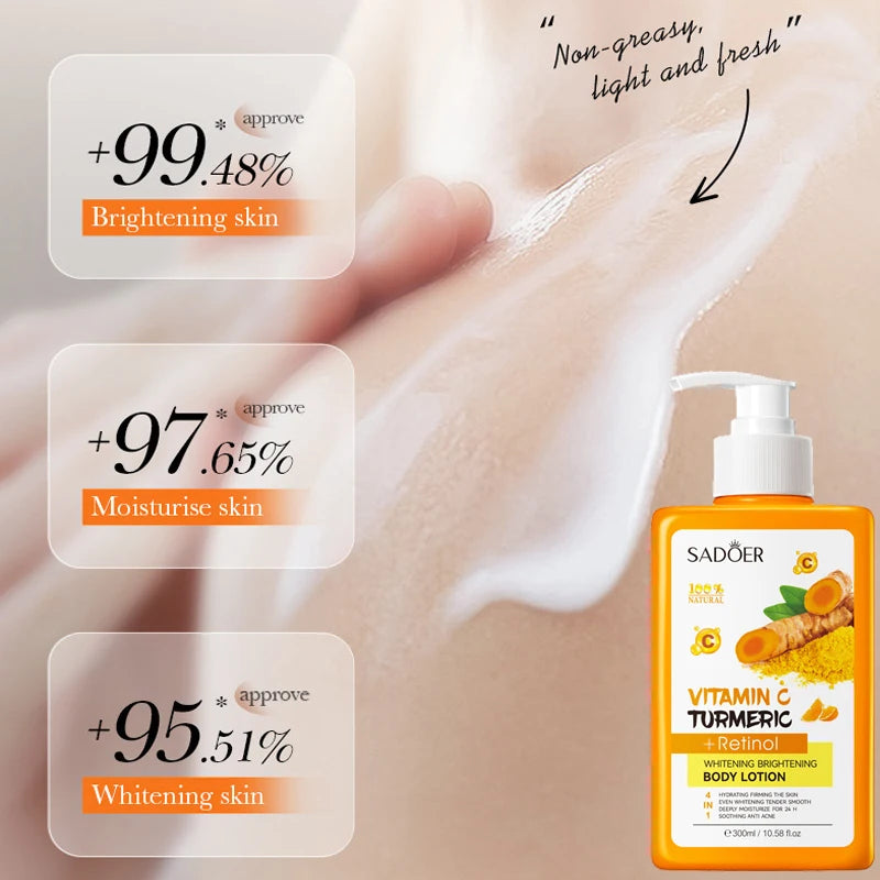 Turmeric Vitamin C Body Lotion Super Moisturizing Tender Firming Skin Brightening Face Cream Dark Spots Lighten Skin Care 300ml