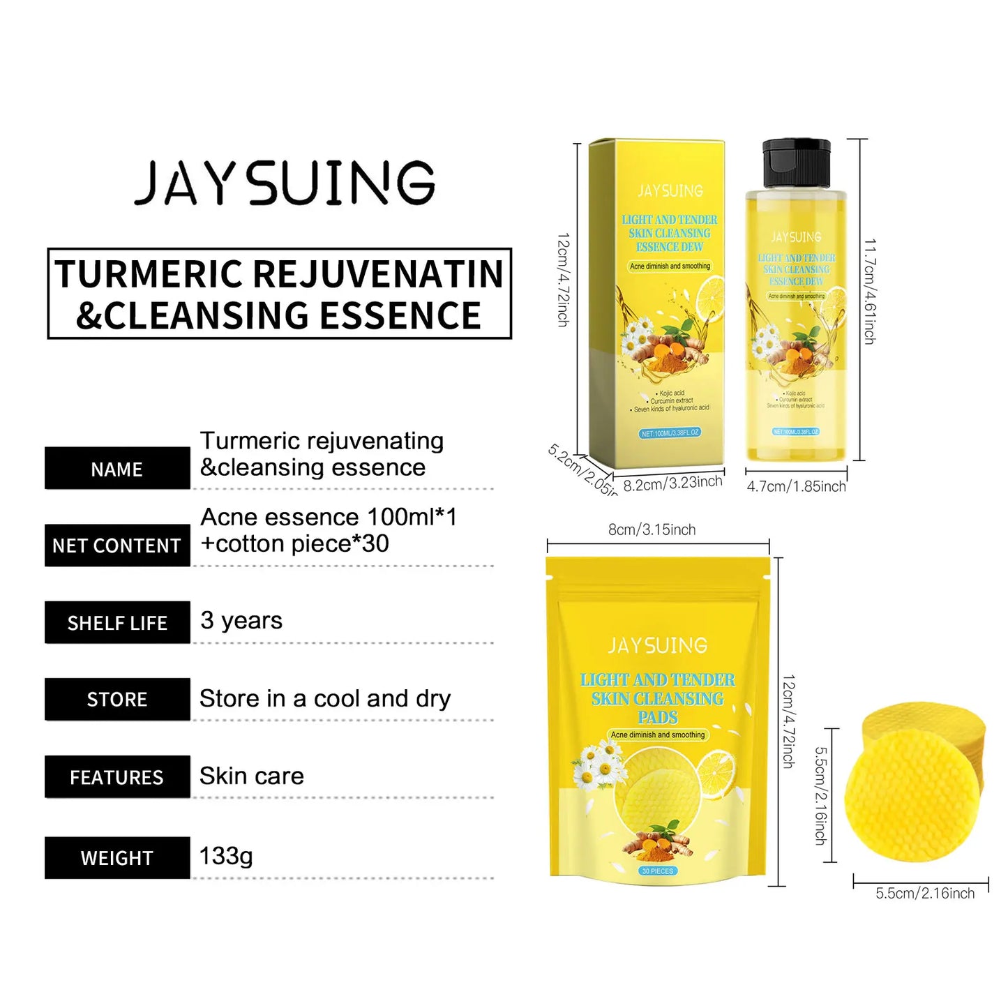 Turmeric Skin Care Set Hyaluronic Acid Serum Oil Control Acn-e Removal Brighten Moisturize Exfoliating Kojic Acid Cleansing Pad