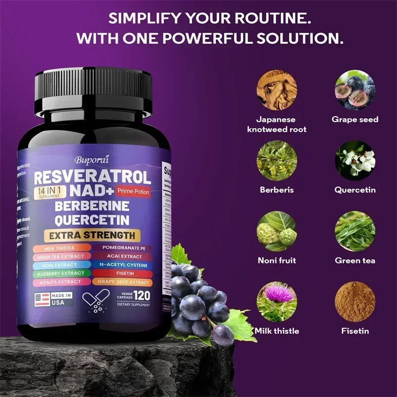 Resveratrol Nad+ Berberine Quercetin - Improve Aging, Anti-oxidation, Promote Metabolism, Protect Nerve Health, Non-GMO