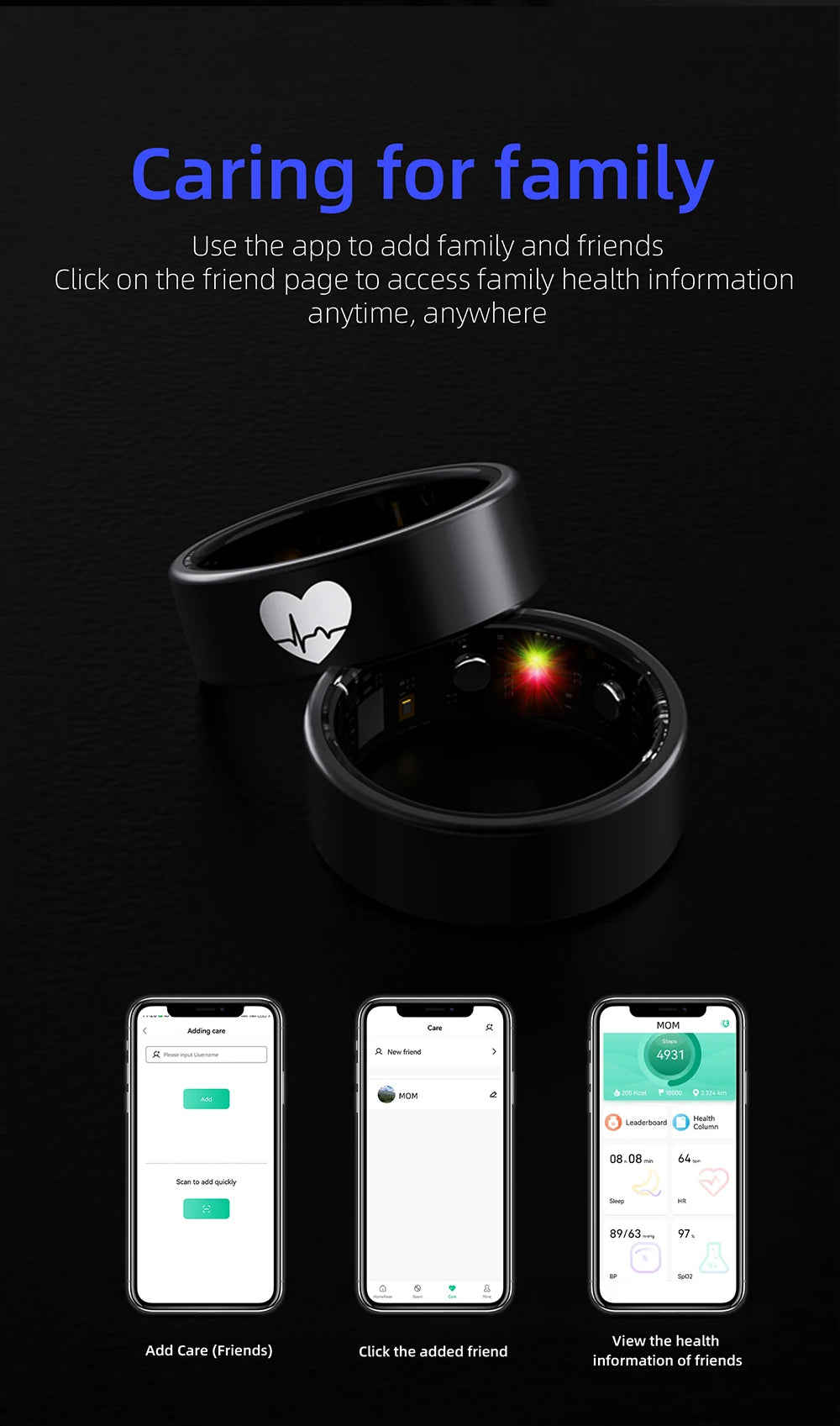 ECG Health Smart Ring Accurate Heart Rate Blood Oxygen Blood Pressure Detection Sleep Monitoring Fitness Rings IP68 Waterproof