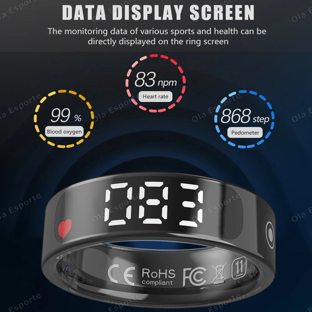 LED Display Screen Smart Ring Waterproof Health Monitoring Heart Rate&Blood Oxygen&Sleep Monitoring Remote Care Men Women Gifts