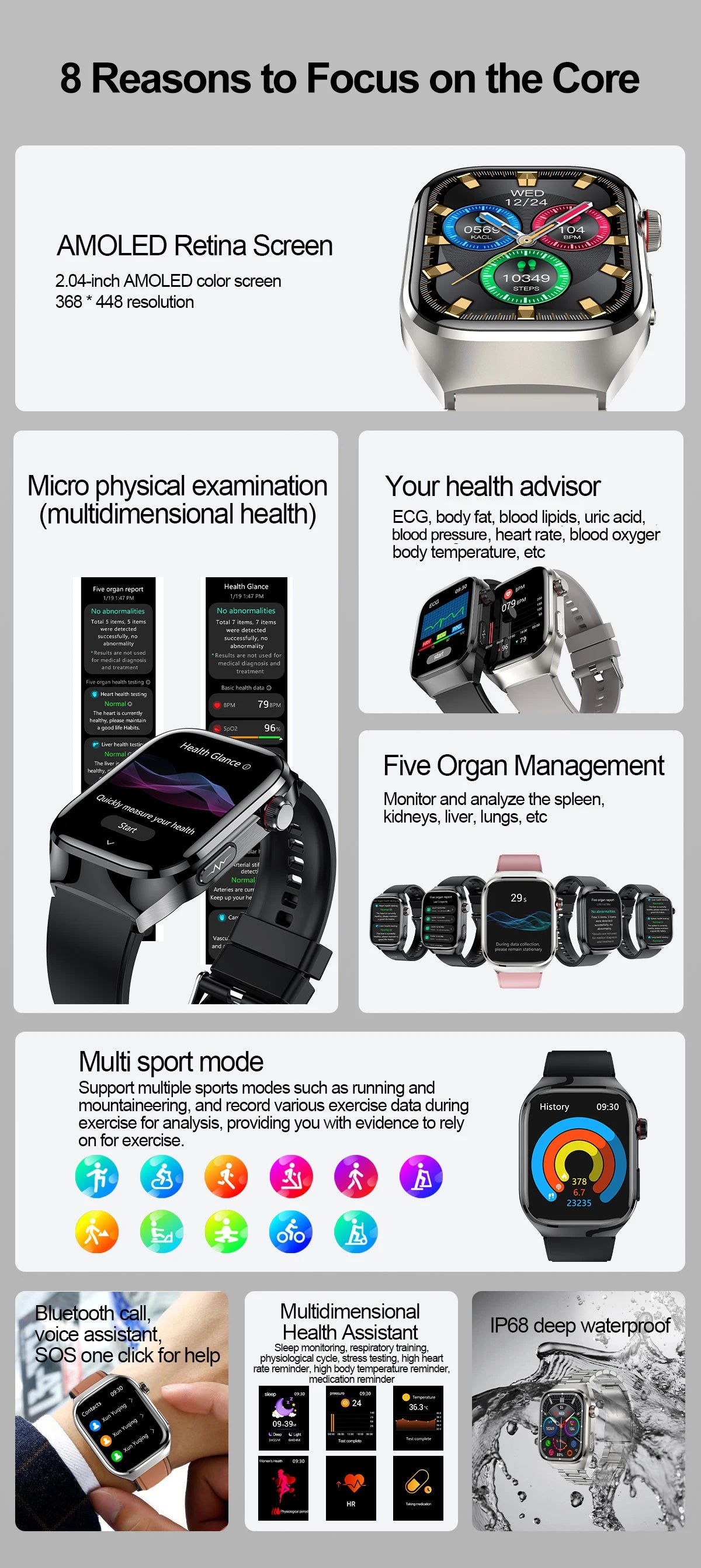New Micro Physical Examination Five Organ Health Smartwatch Blood Pressure Uric Acid Body Fat Watches Bluetooth Call Smart Watch