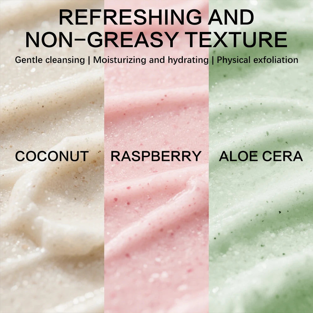 SUYARUN Natural Exfoliating Body Scrub - Raspberry/Aloe/Coconut, Moisturizing Dead Skin Removal, 3 Flavor for Smooth Skin.