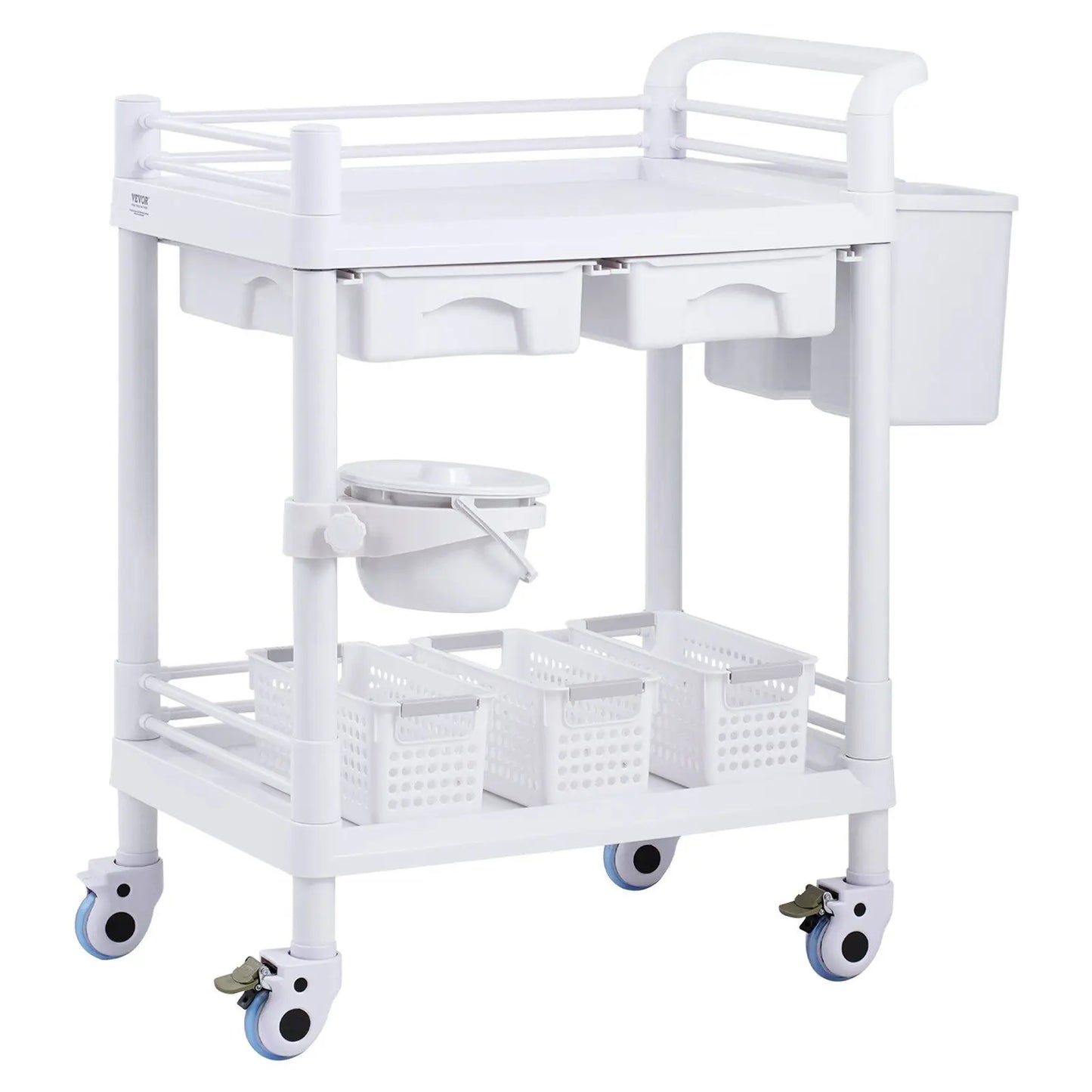 2 Tiers Lab Carts Mobile Medical Cart 2 Trays 2 Drawers 3 Trash Cans White, Trolley Storage Cart with PP Material, Lab Rolling C