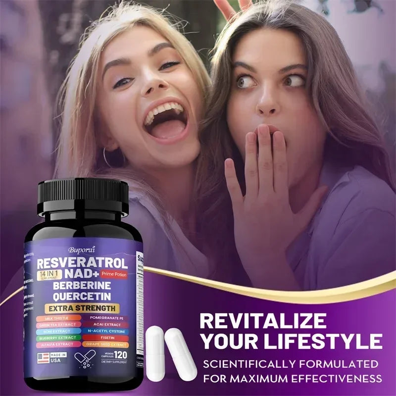 Resveratrol Nad+ Berberine Quercetin - Improve Aging, Anti-oxidation, Promote Metabolism, Protect Nerve Health, Non-GMO