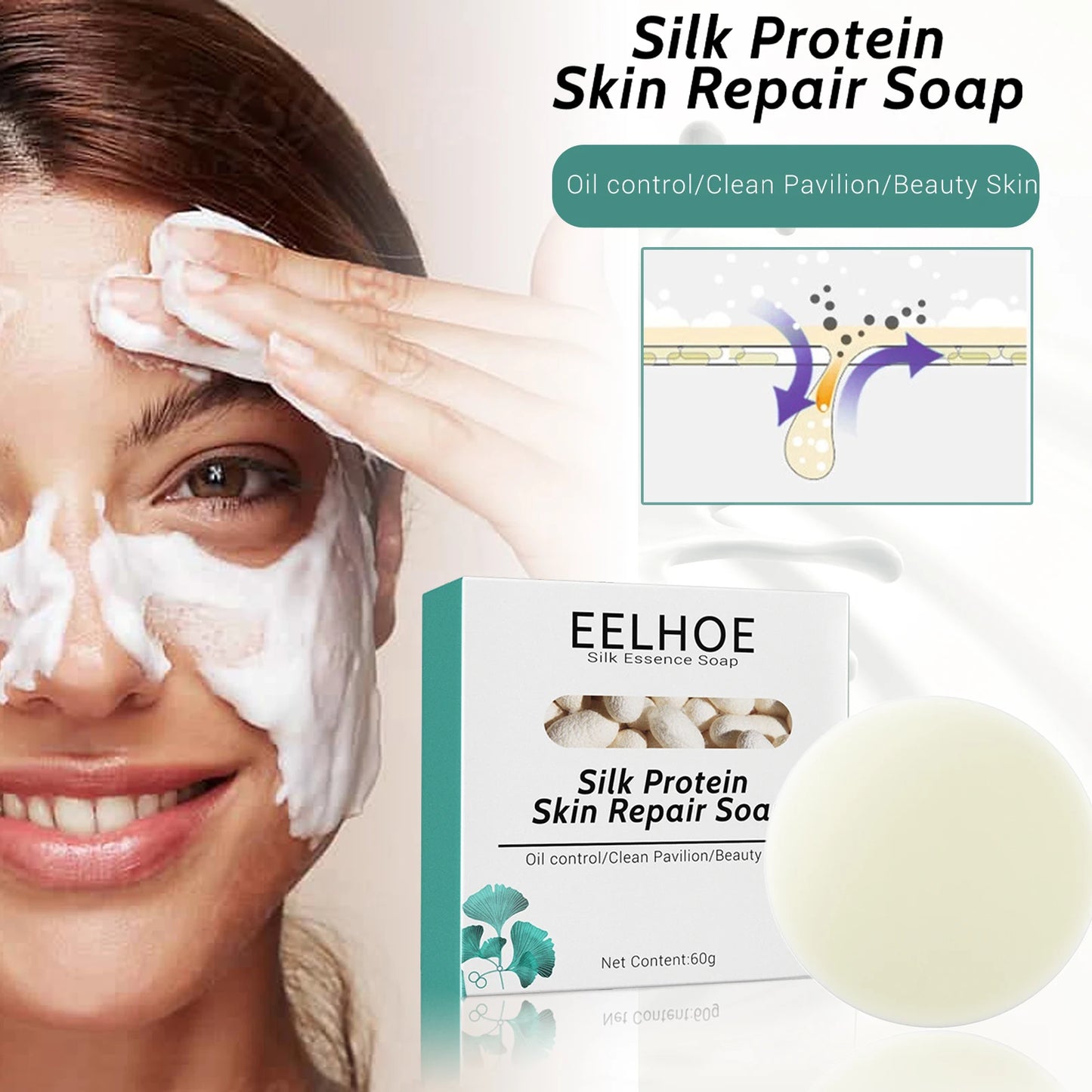 EELHOE 60g Silk Protein Mask Soap Nourishing Facial Skin Remove Mites Exfoliation Dense Foam Cleansing Natural Extract Milk Soap