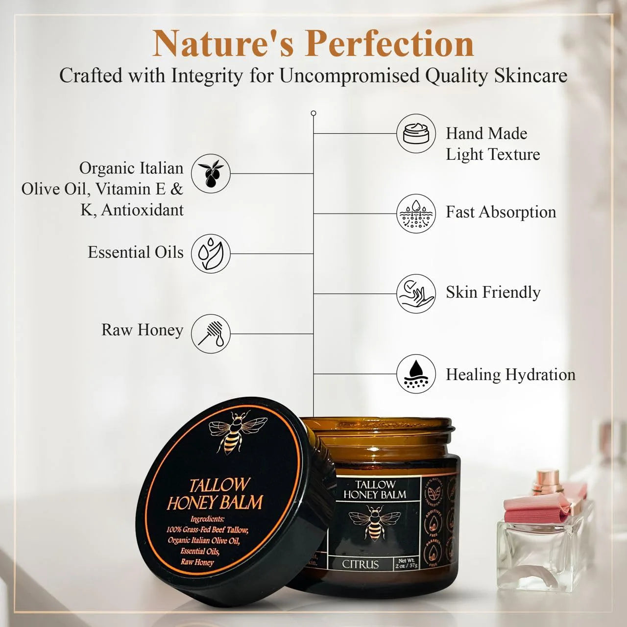 Organic Grass Fed Beef Tallow Balm With Raw Honey Moisturizing Cream For Soft Smooth Skin Handmade All-Natural Moisturizer Skin