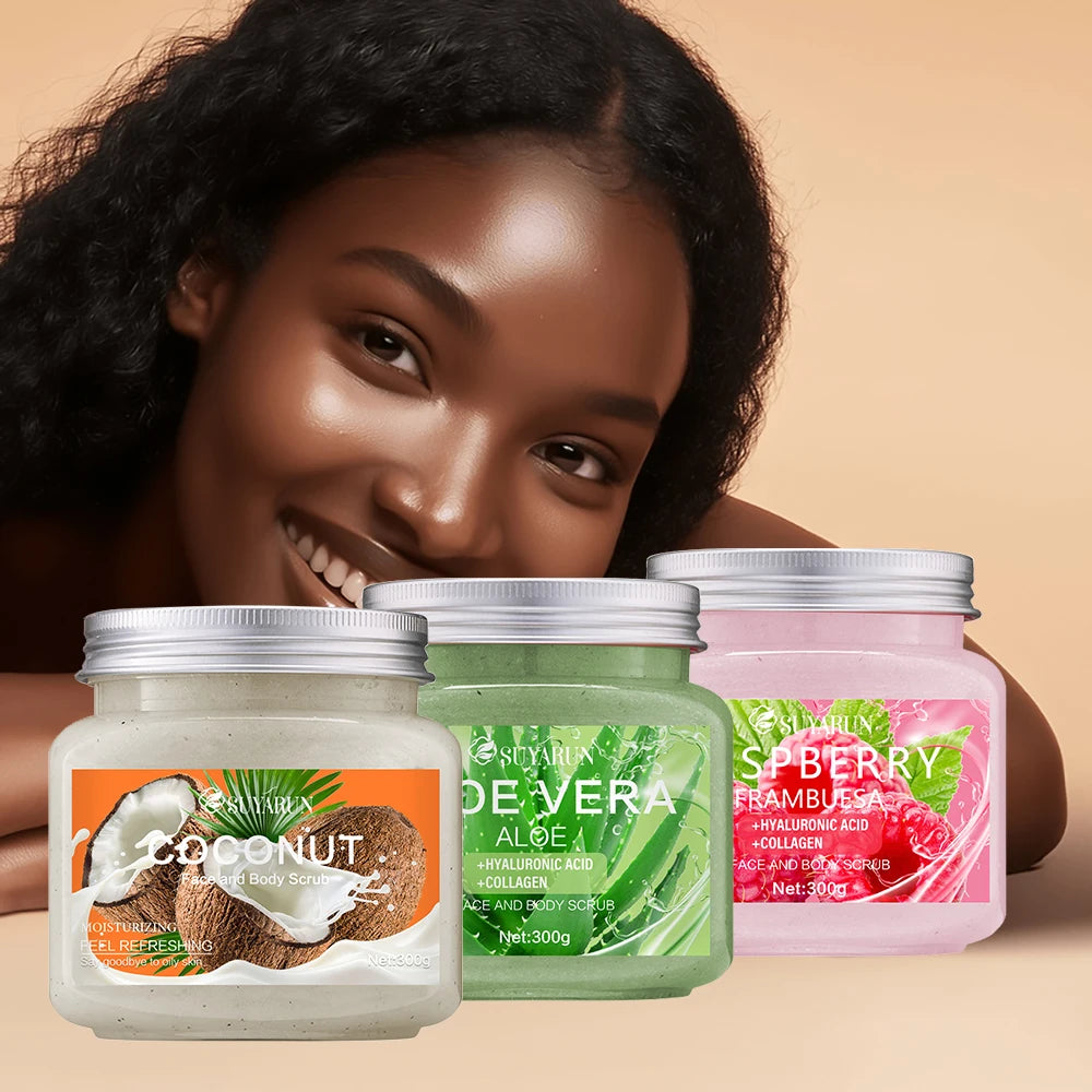 SUYARUN Natural Exfoliating Body Scrub - Raspberry/Aloe/Coconut, Moisturizing Dead Skin Removal, 3 Flavor for Smooth Skin.