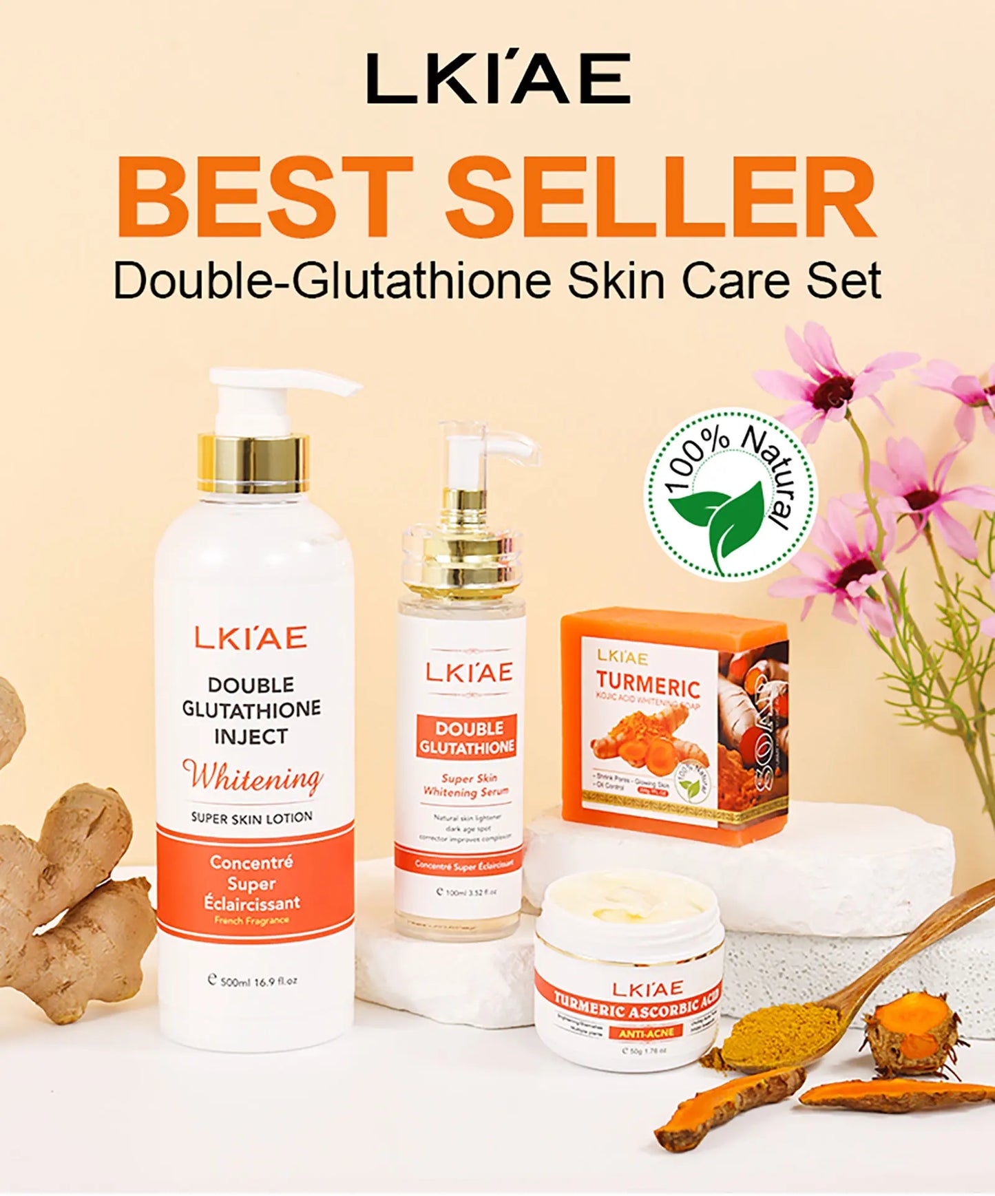 Natural Turmeric Whitening Skin Care Set, Moisturizing, Reduce Dark Spots, Acne, Even Skin Tone, With Glutathione And Aloe