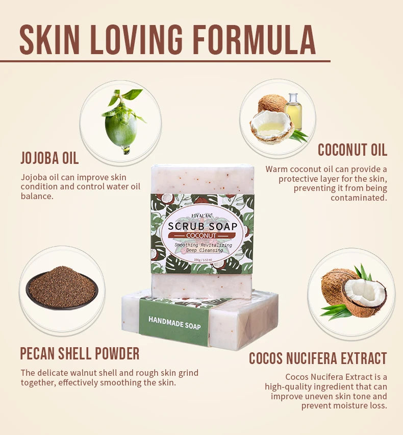 Coconut Exfoliating Scrub Soap Bar Deep Cleaning Bath Revitalizing Softens Cuticle Smooth Skin Jojoba Oil Moisturizing Body Wash