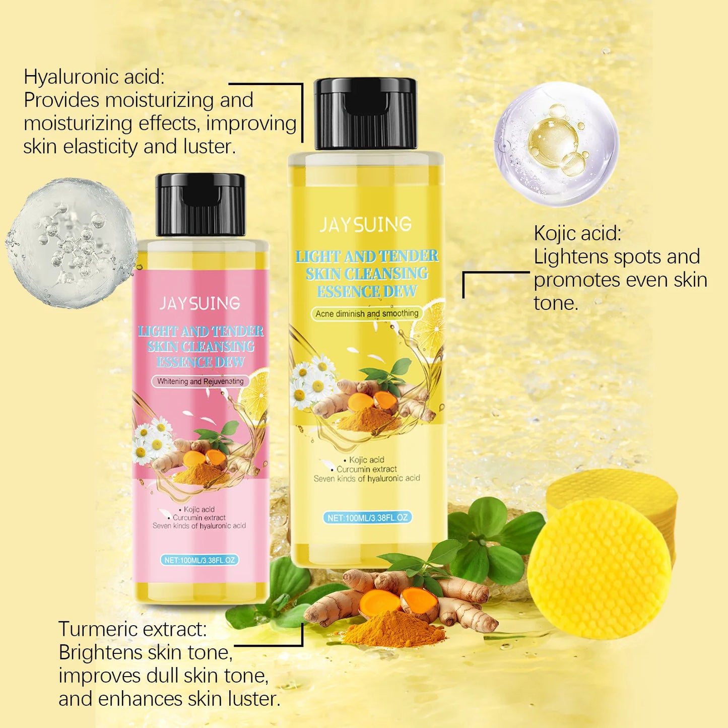 Turmeric Skin Care Set Hyaluronic Acid Serum Oil Control Acn-e Removal Brighten Moisturize Exfoliating Kojic Acid Cleansing Pad