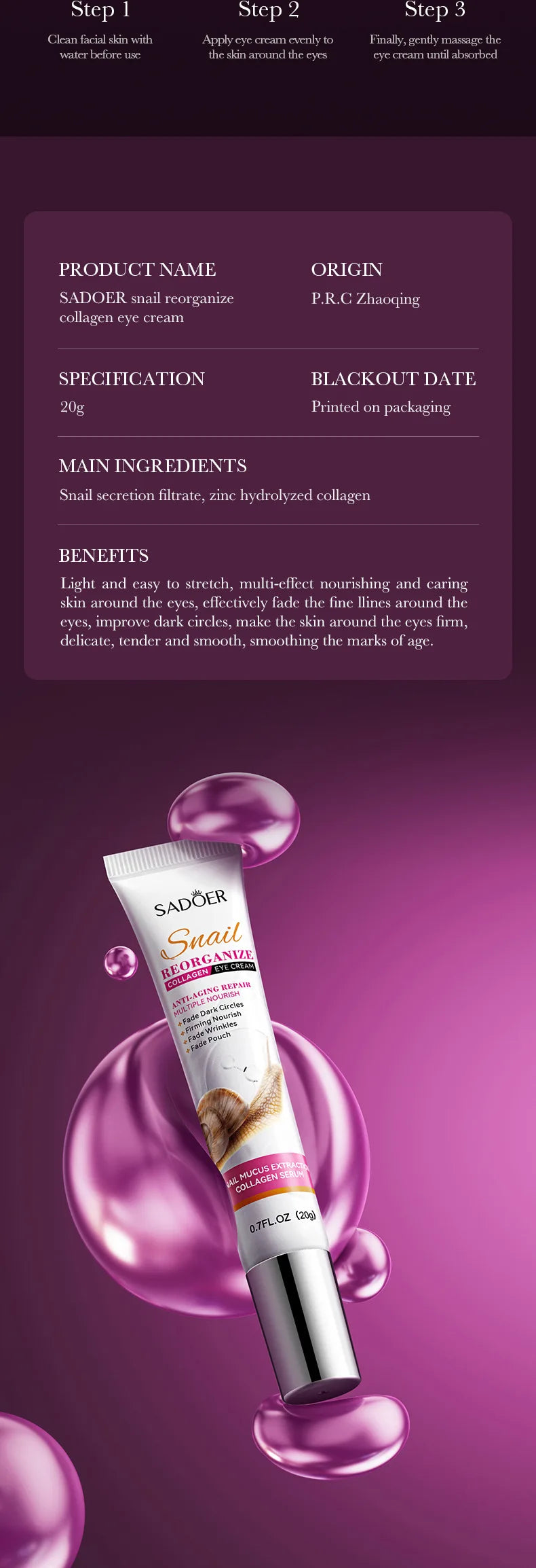 SAODER Snail Collagen Eye Cream Anti Dark Circles Remove Eyes Bags Moisturizing Firming Beauty Eyes Skin Care Products