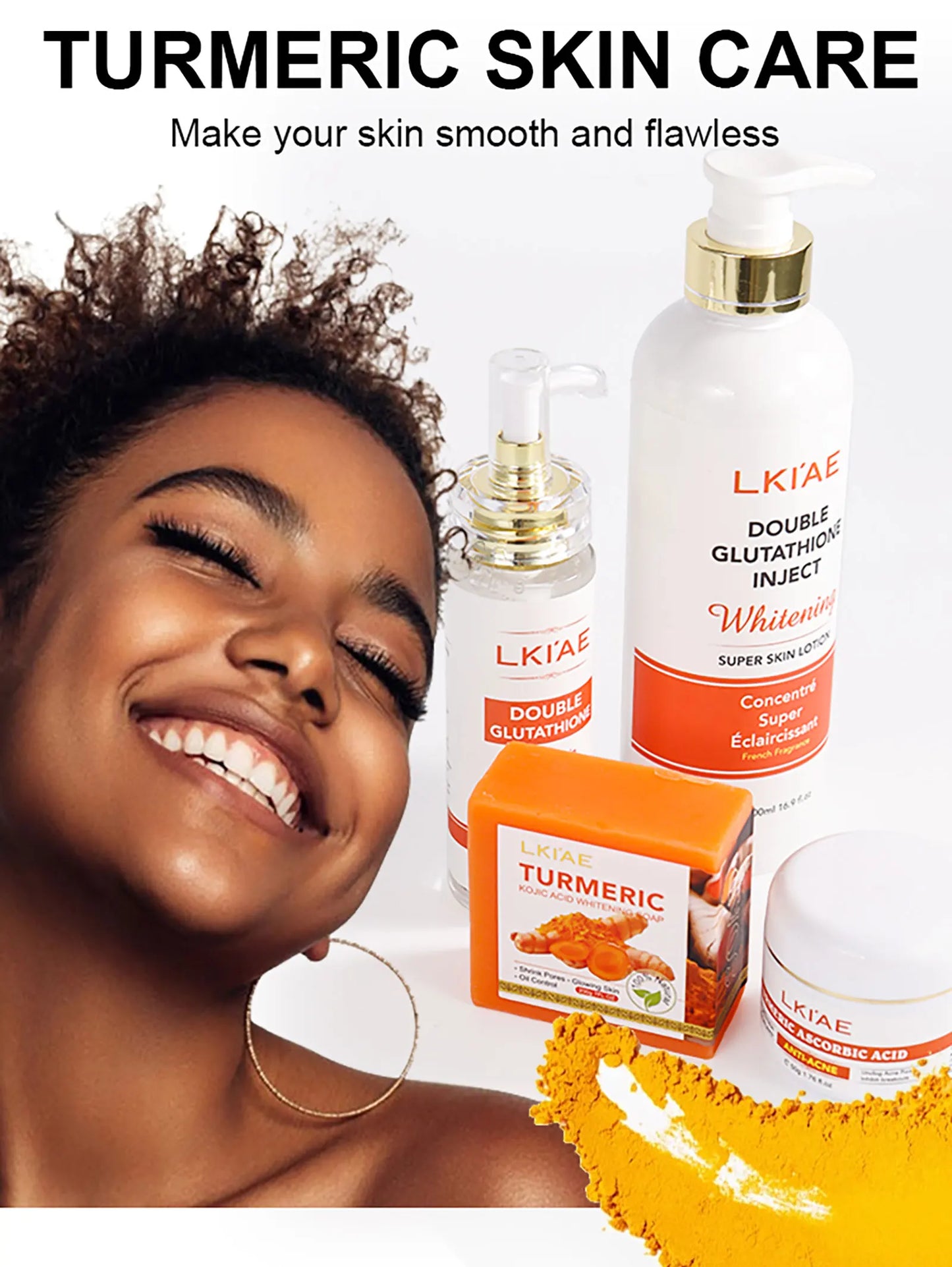 Natural Turmeric Whitening Skin Care Set, Moisturizing, Reduce Dark Spots, Acne, Even Skin Tone, With Glutathione And Aloe