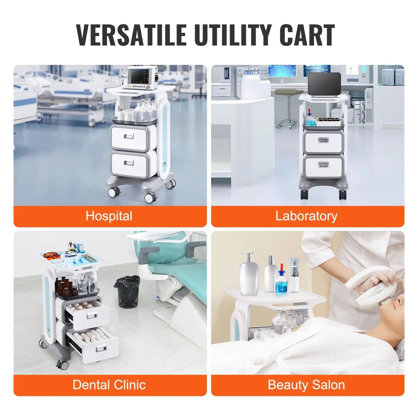 3 Tiers White ABS Material Mobile Medical Lab Cart 2 Drawers 1 Top Tray 4 Silent Wheels for Clinic Hospital Salon Office Storage