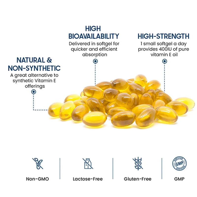 Natural Vitamin E Capsules - Brightens Skin, Tightens Skin, Reduce Wrinkles, Anti-aging, Antioxidant, Supports Immune
