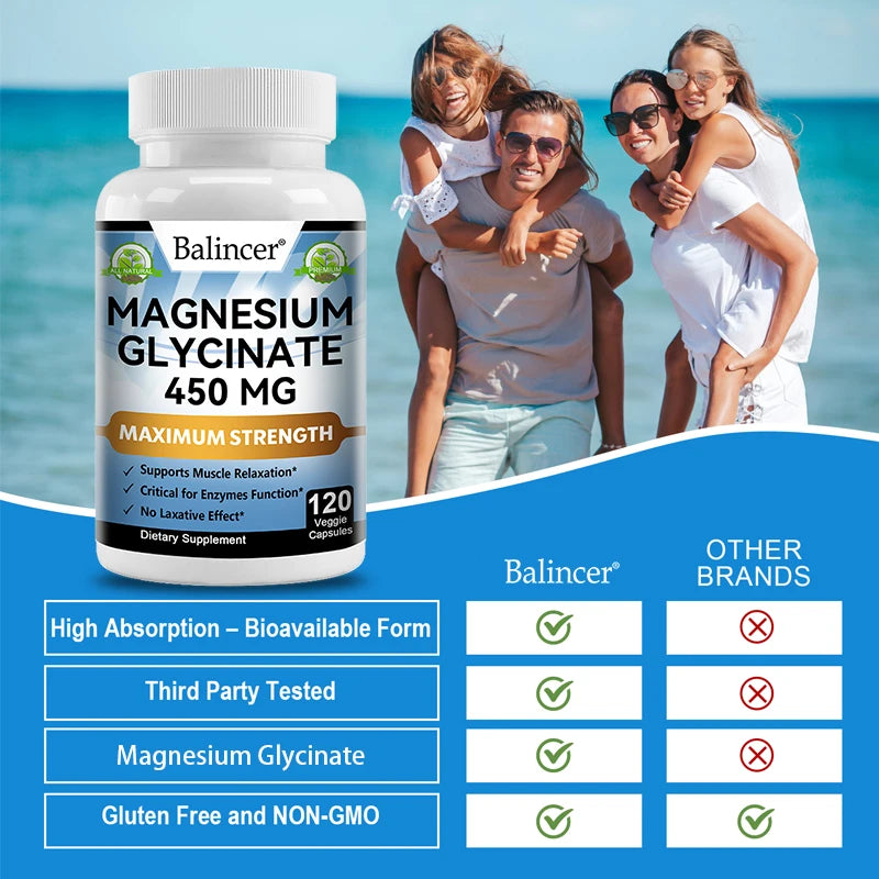 Balincer Magnesium Glycinate Supplement 450mg, Helps with Muscle, Nerve Health, Nutritional Absorption and Sleep Quality