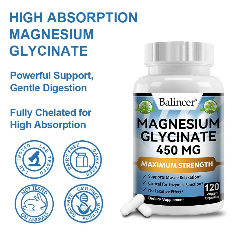 Balincer Magnesium Glycinate Supplement 450mg, Helps with Muscle, Nerve Health, Nutritional Absorption and Sleep Quality