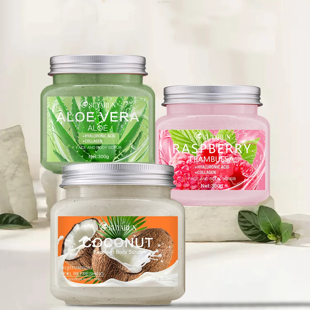 SUYARUN Natural Exfoliating Body Scrub - Raspberry/Aloe/Coconut, Moisturizing Dead Skin Removal, 3 Flavor for Smooth Skin.