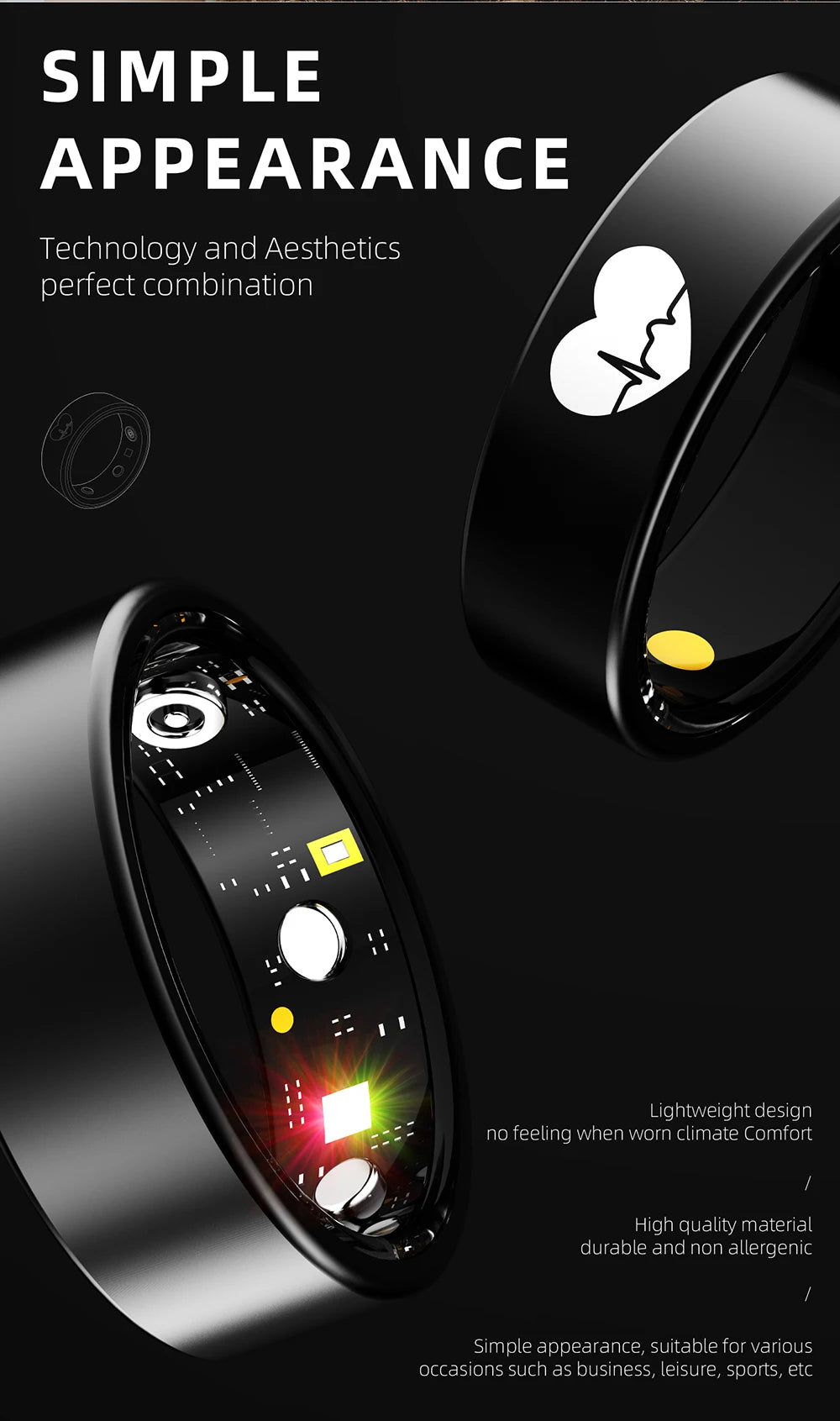 ECG Health Smart Ring Accurate Heart Rate Blood Oxygen Blood Pressure Detection Sleep Monitoring Fitness Rings IP68 Waterproof