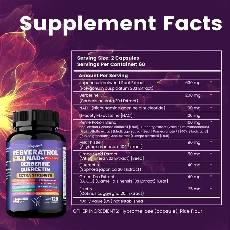 Resveratrol Nad+ Berberine Quercetin - Improve Aging, Anti-oxidation, Promote Metabolism, Protect Nerve Health, Non-GMO
