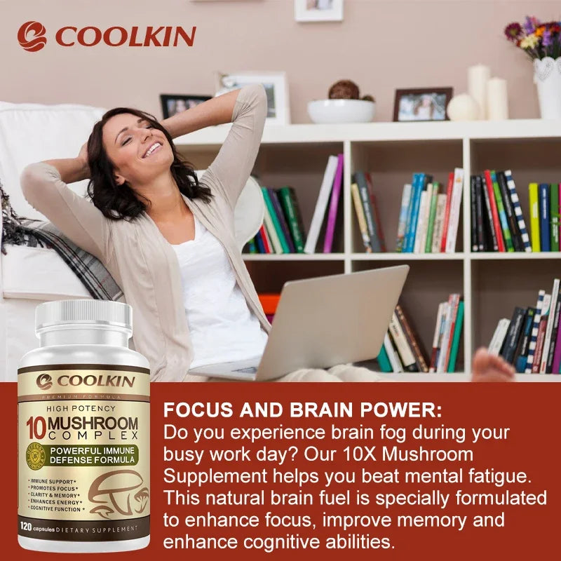 10 Mushroom Complex - Boost Energy, Improve Brain Function, Enhance Memory and Concentration, and Boost Immunity