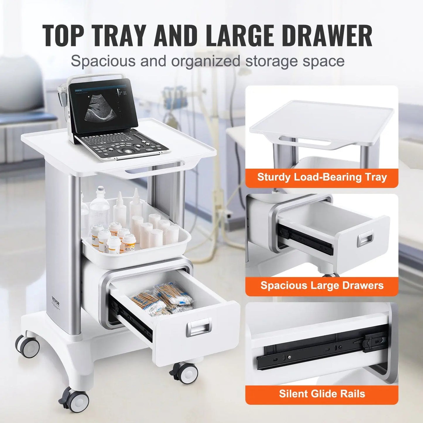 1 Drawer 1 Top Tray 2-Tier Mobile Medical Lab Rolling Cart ABS Material White Trolley Storage Cart 4 Silent Wheels for Hospital