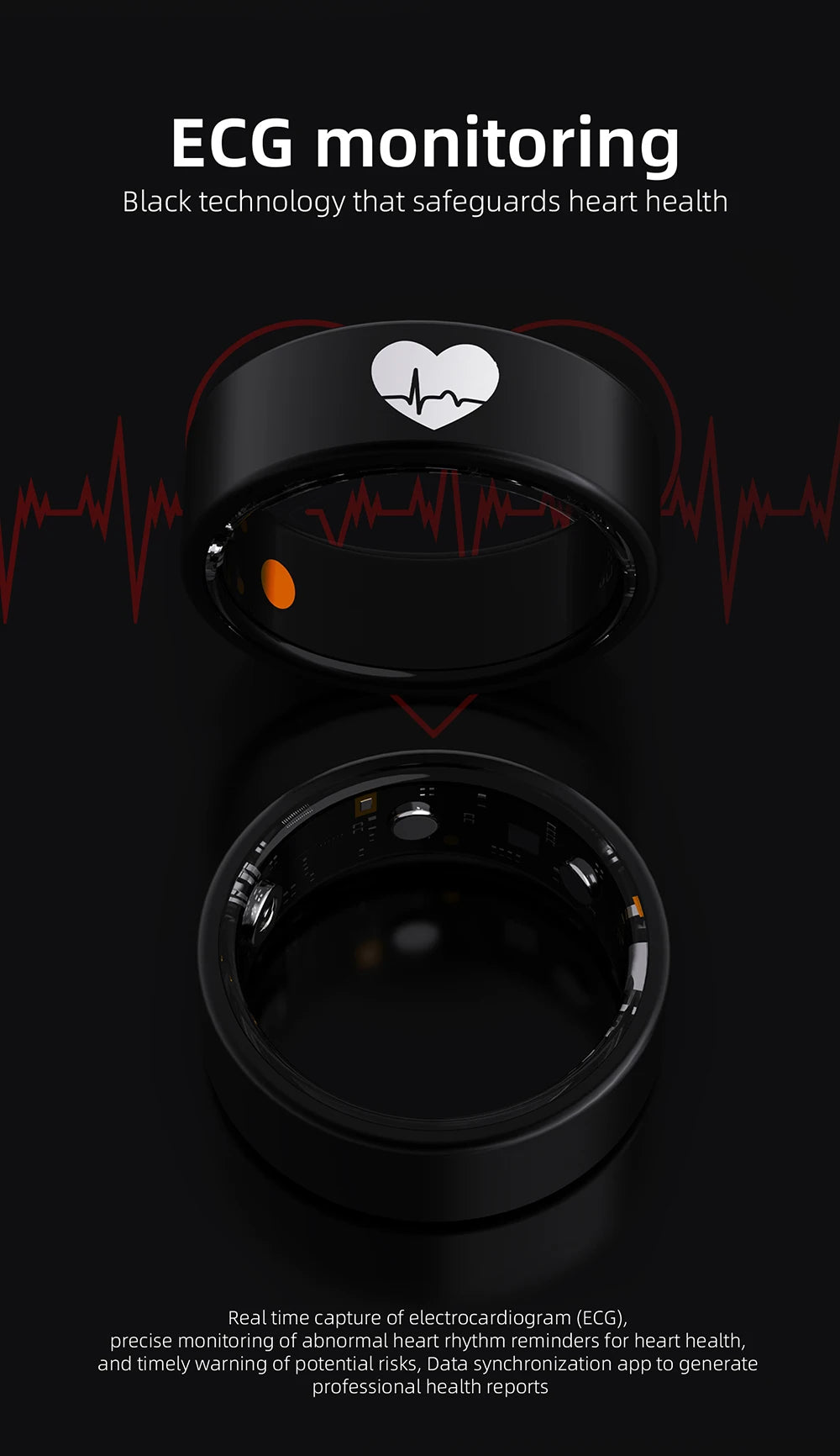 ECG Health Smart Ring Accurate Heart Rate Blood Oxygen Blood Pressure Detection Sleep Monitoring Fitness Rings IP68 Waterproof