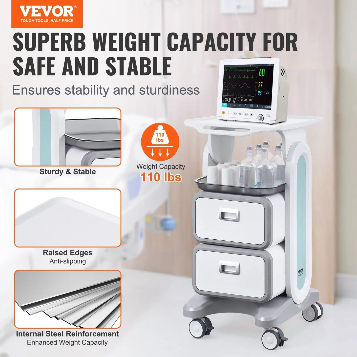 3 Tiers White ABS Material Mobile Medical Lab Cart 2 Drawers 1 Top Tray 4 Silent Wheels for Clinic Hospital Salon Office Storage