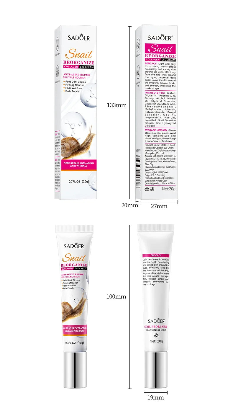 SAODER Snail Collagen Eye Cream Anti Dark Circles Remove Eyes Bags Moisturizing Firming Beauty Eyes Skin Care Products