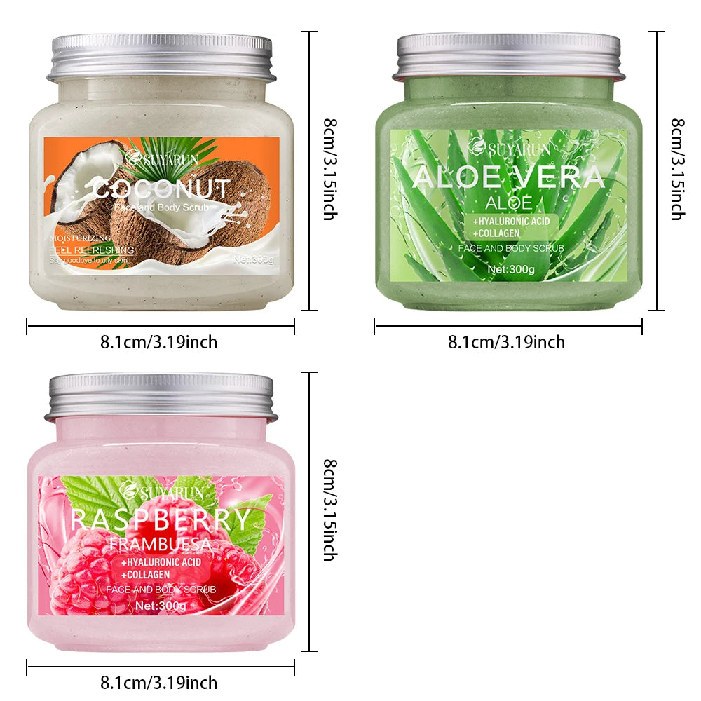 SUYARUN Natural Exfoliating Body Scrub - Raspberry/Aloe/Coconut, Moisturizing Dead Skin Removal, 3 Flavor for Smooth Skin.