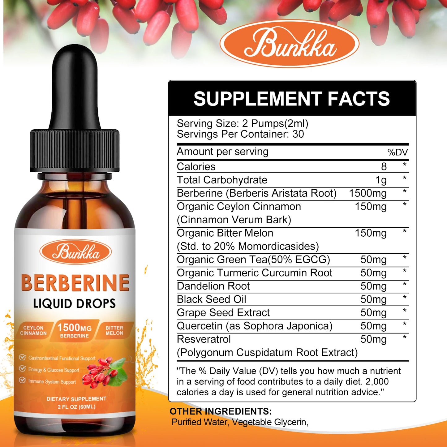 60ML Berberine Drop Contain Turmeric,Ceylon Cinnamon, Bitter Gourd, Piperine Digestive System, Immune Health Support-Vegetarian