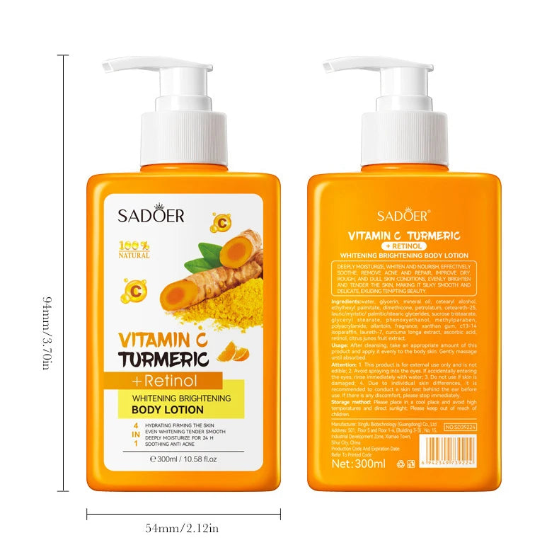 Turmeric Vitamin C Body Lotion Super Moisturizing Tender Firming Skin Brightening Face Cream Dark Spots Lighten Skin Care 300ml