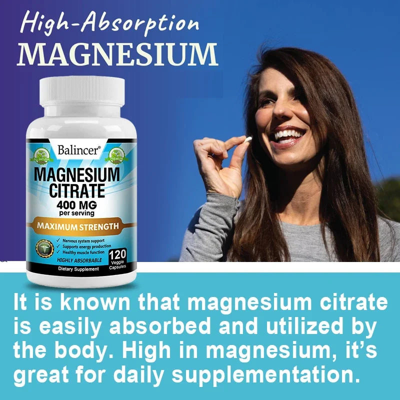 Magnesium Citrate Supplement, 120 Capsules, Relieves Fatigue and Promotes Relaxation, Unisex, Supports Heart and Bone Health