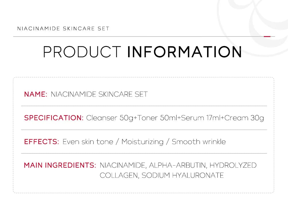 Niacinamide Skin Care Set Oil Control Anti-Wrinkle Aging Fine Lines Serum Whitening cream Repair Face Nourish Toner 4 Set box