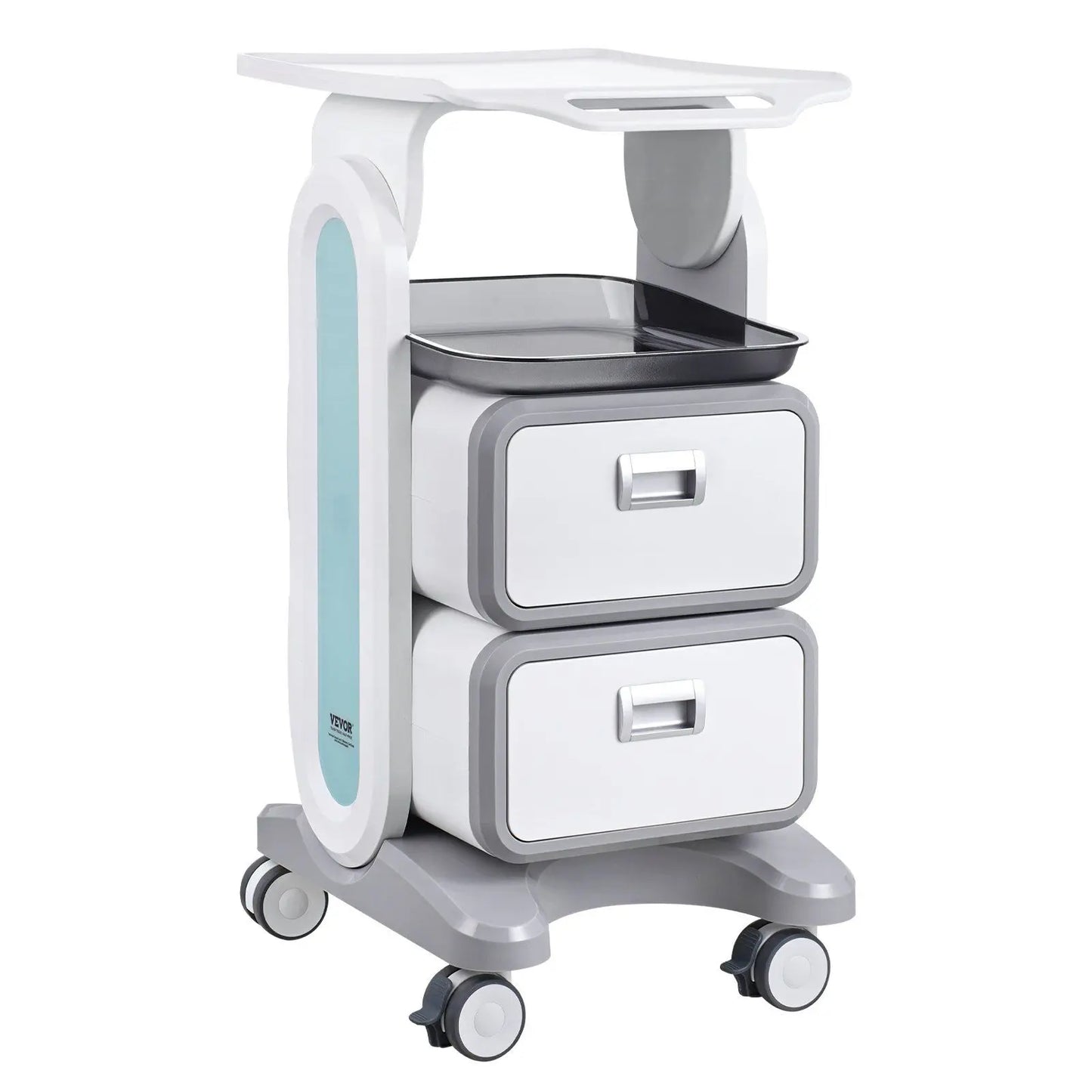 3 Tiers White ABS Material Mobile Medical Lab Cart 2 Drawers 1 Top Tray 4 Silent Wheels for Clinic Hospital Salon Office Storage