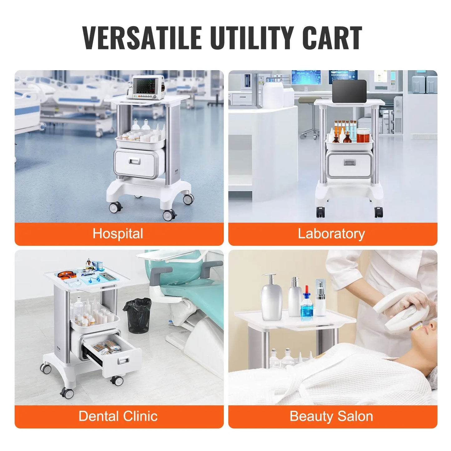 1 Drawer 1 Top Tray 2-Tier Mobile Medical Lab Rolling Cart ABS Material White Trolley Storage Cart 4 Silent Wheels for Hospital